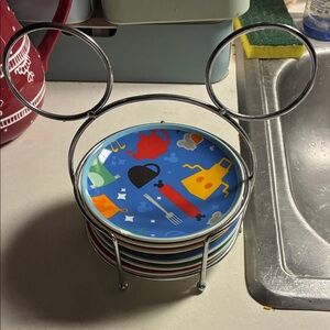 NWOT 6pc. Disney Mickey Mouse Appetizer Plate Set w/Mickey Mouse Serving Caddy